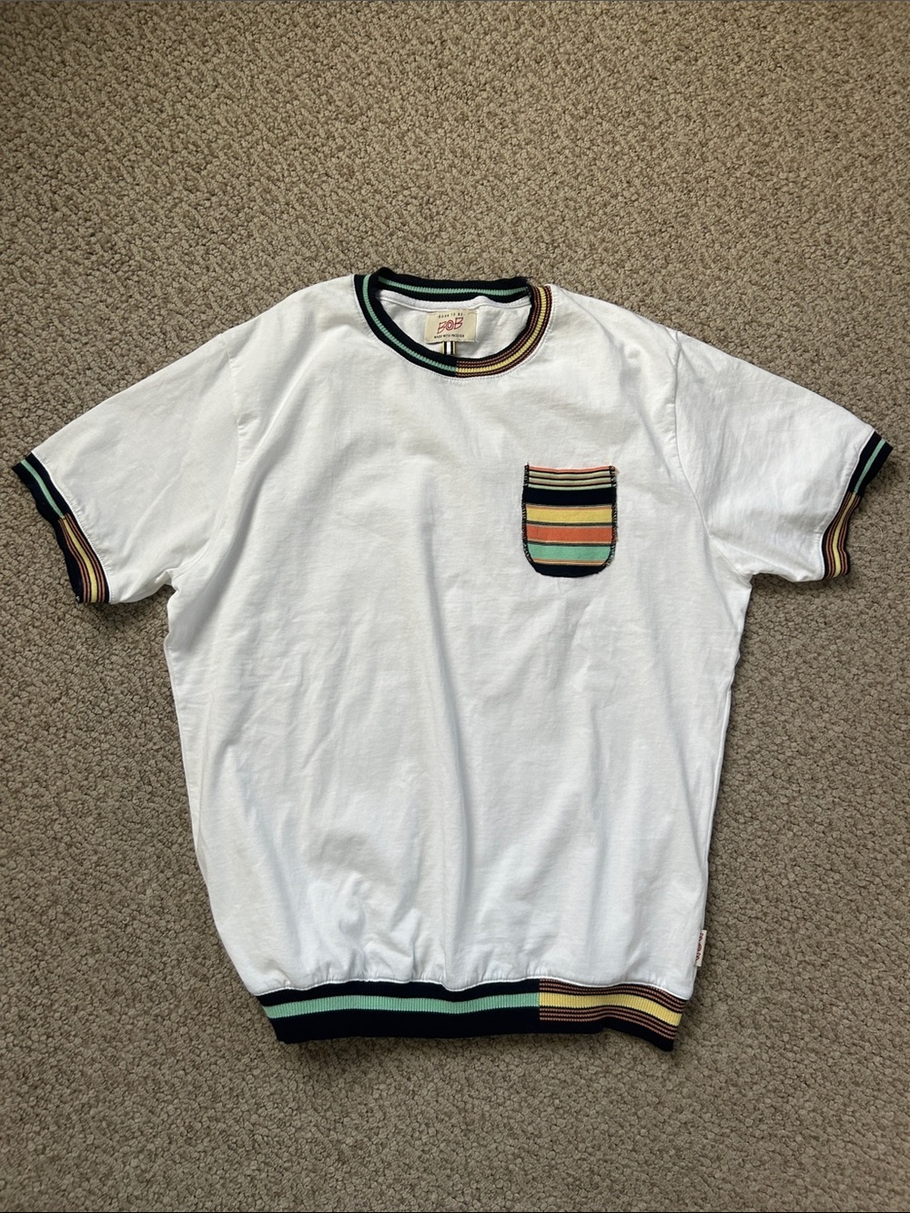 NWOT Men's White Short-Sleeve Pocket Tee with Multicolor Stripe Trim